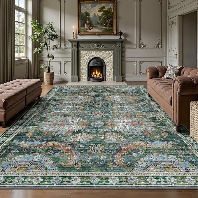 5x7 Area Rugs, Vintage Retro Soft Washable Rug, Non-Slip Low Pile Rugs for Living Room, Bedroom, Dining Room, Stain Resistant Home Decor Rug (Green)