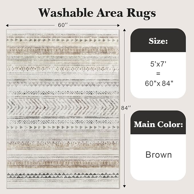 Art&Tuft 5x7 Area Rugs Non Slip, Thin Washable Rugs for Living Room, Brown | Low Pile, Soft & Lighweight, Folable, Stain Resistant Indoor Moroccan Carpet for Bedroom, Kitchen, Dining Room, Home Office