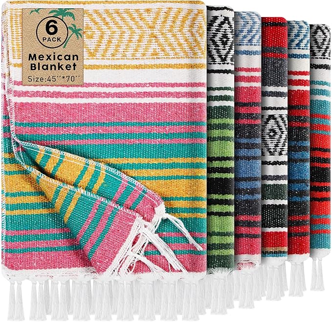 Oudain 6 Pack Mexican Blankets 45 x 70 Inch Woven Serape Throw Blanket, Baja Yoga Blanket for Beach Picnic Camping Boho Couch Decor Travel Outdoor (Retro Color)