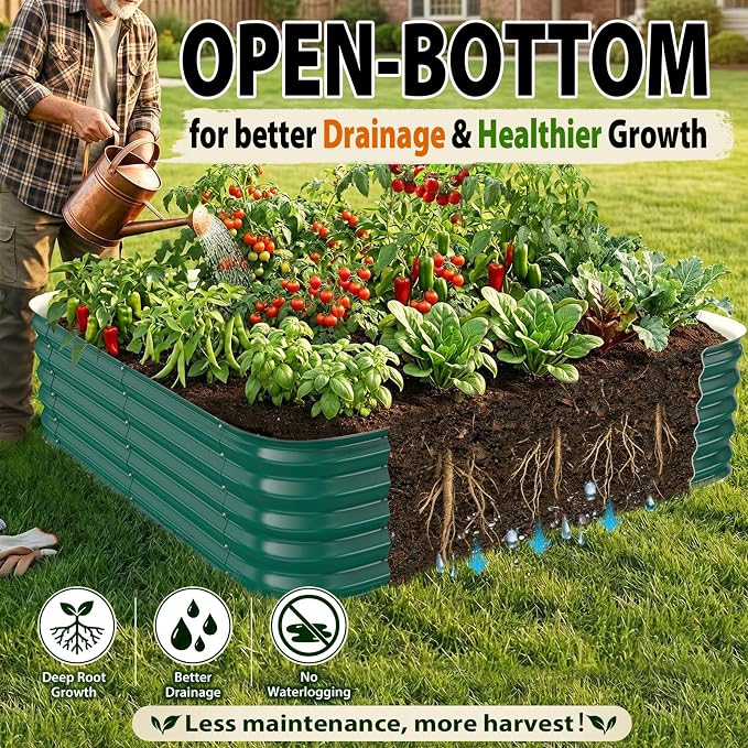 16.5" Deep Square Galvanized Raised Garden Bed 4x4 ft – Large Metal Planter Box for Vegetables, Flowers & Herbs – Heavy Duty Outdoor Above Ground Gardening Bed with Easy Assembly (Green)
