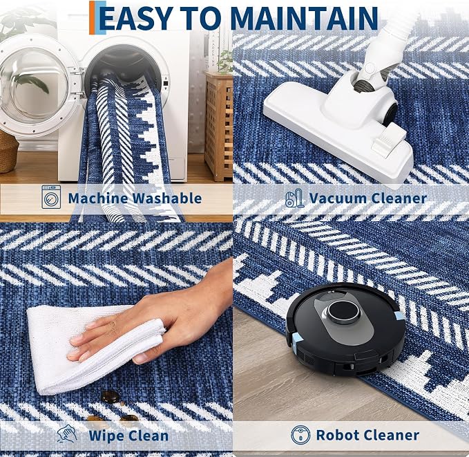GarveeHome Area Rug 9x12 Modern Geometric Rug with Non Slip TPR Backing, Unique Bordered Neutral Washable Carpet, Soft Low Pile Floor Covering Non Shedding Neutral Mat for Open Spaces Office, Blue