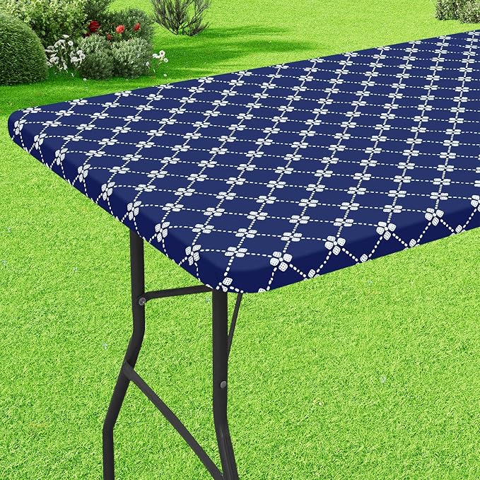 misaya Rectangle Vinyl Table Cloth, Elastic Fitted Tablecloth with Flannel Backing, Waterproof Plastic Table Cover Fits 4 Foot Folding Tables for Picnic, Camping, Indoor and Outdoor (Navy, 24" x 48")