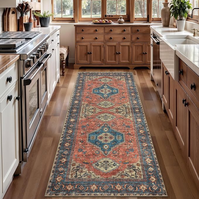 Tangsoo Vintage 2x5 Washable Runner Rug for Hallways, Non Slip Runner Rug | Soft Low Pile 2x5 Rug Runner, Print Distressed Carpet Runners for Entryway Bedroom Kitchen Bathroom Living Room Terracotta