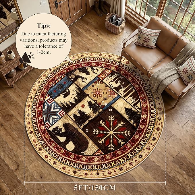 LOKHOM 5ft Round Area Rugs for Bedroom, Washable Western Western Bear Rug | Bear Pattern, Non-Slip, Low Pile, Soft Floor Carpet, Vintage Wildlife Accent, For Living Room Bedroom Entryway Nursery