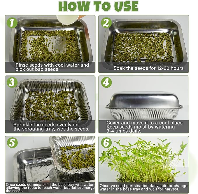 2 Pack Stainless Steel Seed Sprouter Trays, 2-Tier Soil-Free Microgreens Growing Kit, Rust-Free Sprouting Tray with Mesh Pads for Sprouts Beans Alfalfa Wheatgrass (10.6" * 7.9" * 1.9")
