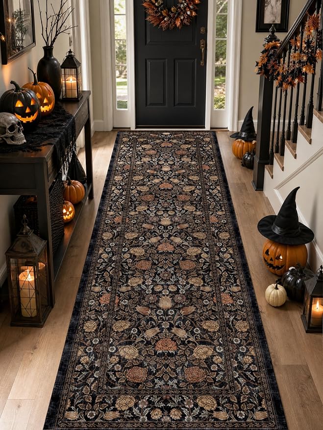 GarveeHome Dark Brown Floral 2x6 Kitchen Runner Rug for Hallways | Washable Entryway Bedroom Bathroom Dorm Rug Vintage Boho Rugs Low-Pile Non-Slip Stain Resistant TPE Backing