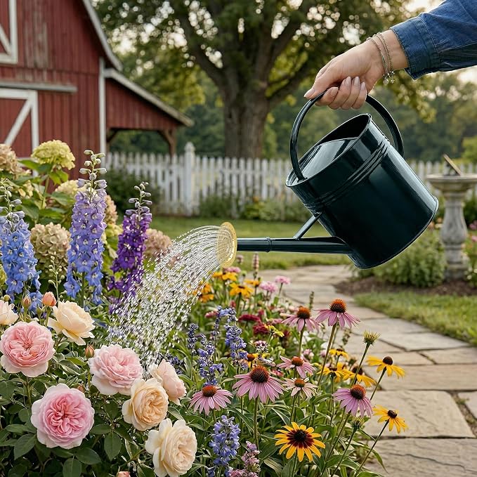 ‌2.5-Gallon Metal Watering Can,9.5L Large Galvanized Watering Can for Outdoor Plants with Removable Long Spout and Golden Handle