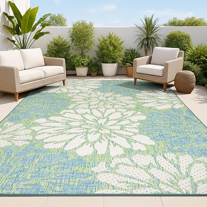 JONATHAN Y Floral Textured Weave Indoor Outdoor Area Rug 3X5 Cream/Green, Zinnia Modern for Backyard, Patio, Porch, Easy-Cleaning, High Traffic, Pet-Friendly, Non-Shedding (SMB110D-3)