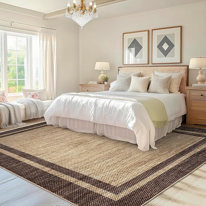 COZYLOOM Area Rug for Bedroom 9x12 Modern Washable Kids Room Rug, Brown | Rubber Backing Stain Resistant Neutral Bordered Non Shedding Low Pile Minimalist Rugs for Living Room Dining Room
