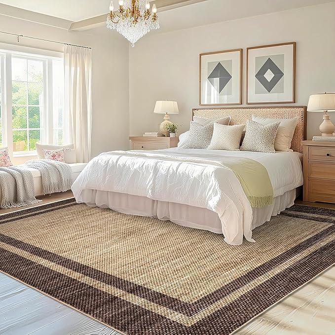 COZYLOOM Machine Washable Area Rugs 5x7 Bordered Rug for Kids Room, Brown | Non Slip Non Shedding Contemporary Stain Resistant Low Pile Foldable Thin Mats for Entryway Living Room Bedroom Office Dorm
