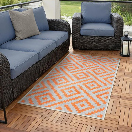 GENIMO Outdoor Rug for Patio Clearance, 3'x5' Indoor Area Rug, Waterproof Reversible Fall Doormat, Outside Camping Carpet for Porch, Living Room, Balcony, Deck, Bedroom, Picnic, Grey Orange