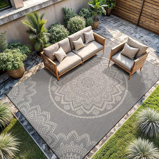 CAMILSON Outdoor Rug 6x9 Modern Area Rugs for Indoor and Outdoor Patios and Porches - Waterproof, Washable, Non-Shedding, Easy-to-Clean Outside Carpet (6 x 9, Medallion - Grey/White)
