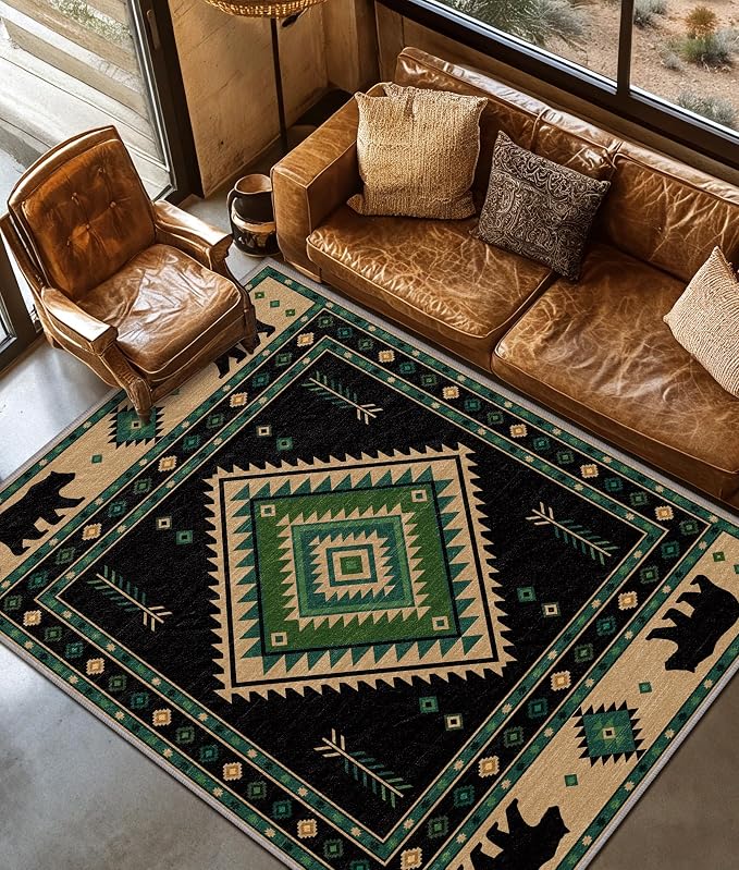 Southwestern Rug 4x5 - Native American Bear Cabin Area Rugs for Bedroom Living Room, Rustic Western Machine Washable | Non-Slip | Soft Carpets, Aztec Room Decor (Green Tan Black)