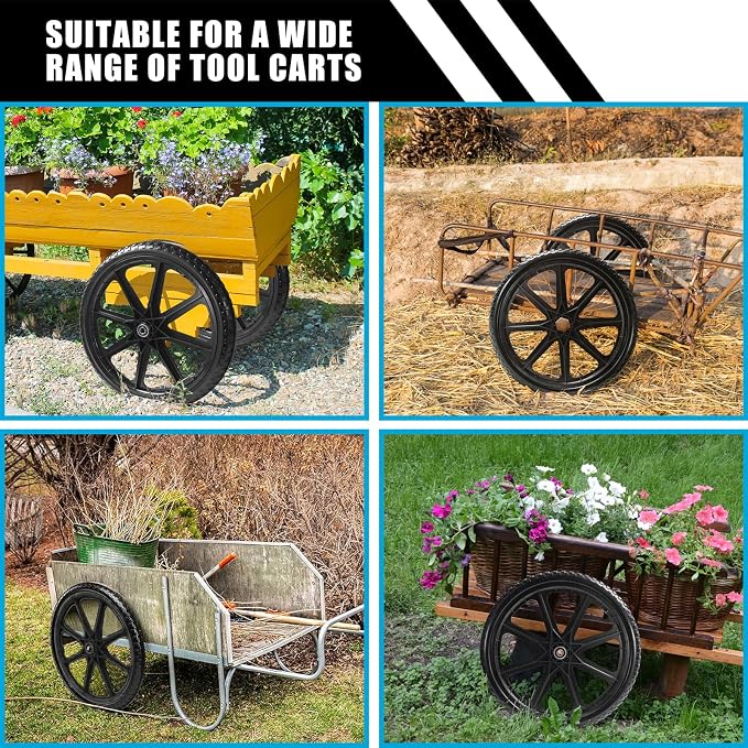 20" Flat Free Tire Cart Wheels Replacement for Rubber Maid Wheelbarrow Wheels Garden Cart, Replacement Wheels with 5/8" 3/4" Bearing for Utility Carts/Lawn Carts/Wheelbarrow, Black 2PACK