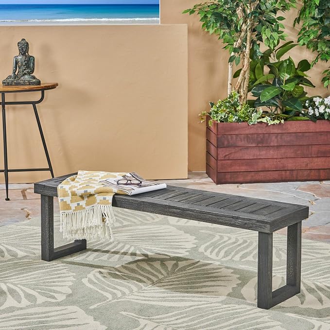 Merax Acacia Wood Outdoor Bench 60" Backless Garden Bench Rustic Patio Dining Bench Slat Panel Design Weatherproof, Dark Grey