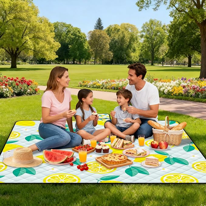 Extra Large Picnic Blanket Waterproof,80"x 80"Foldable Machine Washable Beach Blankets,Outdoor Blanket for 6-8 Adults,Picnic Mat Suitable for Indoor Crawling,Park Beach,Camping,Hiking,Travel(Lemon)