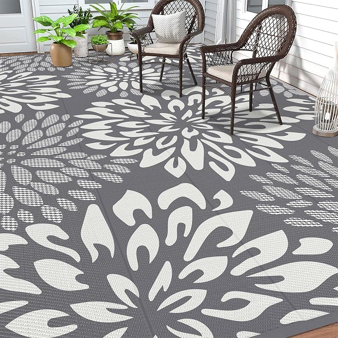HEBE Waterproof Outdoor Rug 8x10 for Patios, Floral Reversible Plastic Straw Rug Patio Mat, Indoor Outdoor Carpet RV Mat Camping Rug for Deck, Camper, Porch, Balcony, Backyard, Picnic