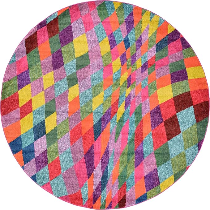 Unique Loom Estrella Collection Geometric, Abstract, Colorful, Modern, Eclectic Area Rug (8' 0 x 8' 0 Round, Multi/Pink)