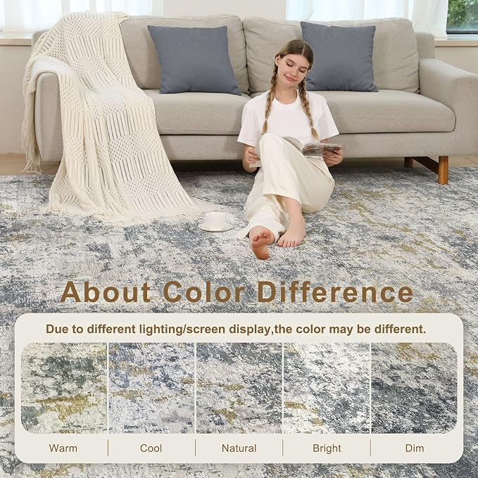 kakania Washable 5x8 Area Rug for Living Room: Abstract Modern Home Decor | Soft Stain Resistant, Low-Pile, Non-Slip, Pet & Kid Friendly, Thin Rug for Bedroom/Dining Room/Kids Dorm - Blue Grey