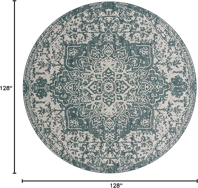 Jill Zarin Jill Zarin Outdoor Collection Area Rug - Dubai (10' 8" Round, Teal/Ivory)