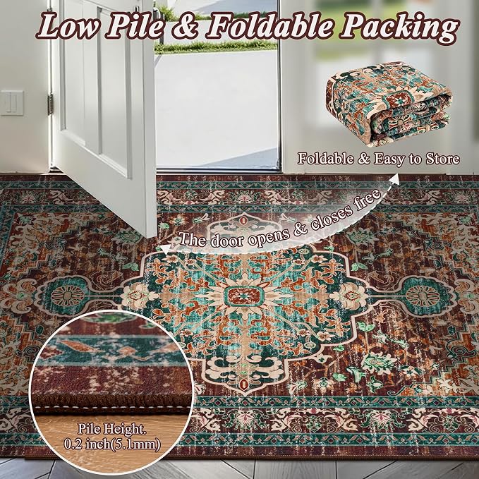 U'Artlines Boho Vintage Area Rug 3x5 Machine Washable Carpet, Rust＆Teal | Low Pile, Non Slip, Ultra-Thin Soft Floor Carpet, Accent Rug for Living Room Bedroom Entryway Dining Room Office