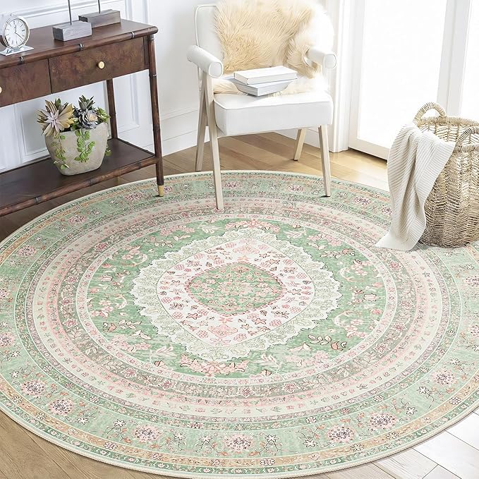 Round Area Rugs 5ft Washable,Green Rug for Living Room Bedroom | Large Boho Vintage Bohemian Distressed Oriental Carpet Non Slip for Dining Room,Sage Blush Floral