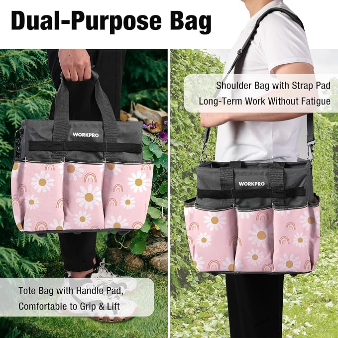 WORKPRO Garden Tool Bag Organizer, Heavy Duty Gardening Tote Bag with 10 Pockets and Long Adjustable Shoulder Strap, Standable Garden Home Tool Kits Organizer, Floral Pink - Pink Ribbon