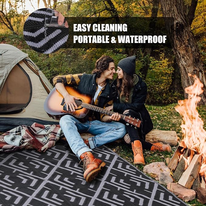 HUGEAR Outdoor Plastic Straw Rug, Waterproof Outdoor Rugs for Patios Clearance, Reversible Area Rug, Large Outside Carpet for Camping, Balcony, RV, Deck, Picnic, Beach (5x8ft Boho/Black&Grey)