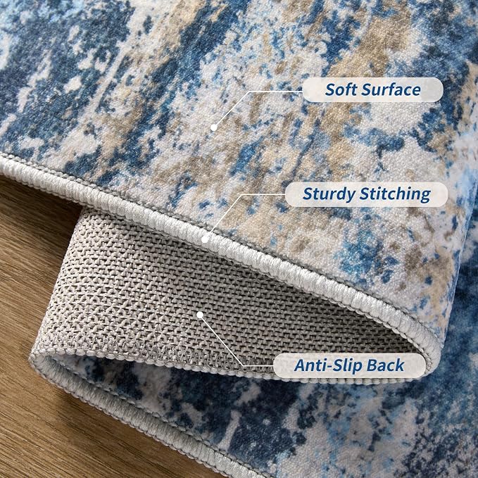 Tangsoo Abstract 2x3 Washable Rugs for Entryway, Small Area Rug Non Slip | Modern Low Pile Soft Throw Rugs, Contemporary Indoor Front Door Mat Rug for Entrance Entry Foyer Kitchen Blue Grey Home Decor