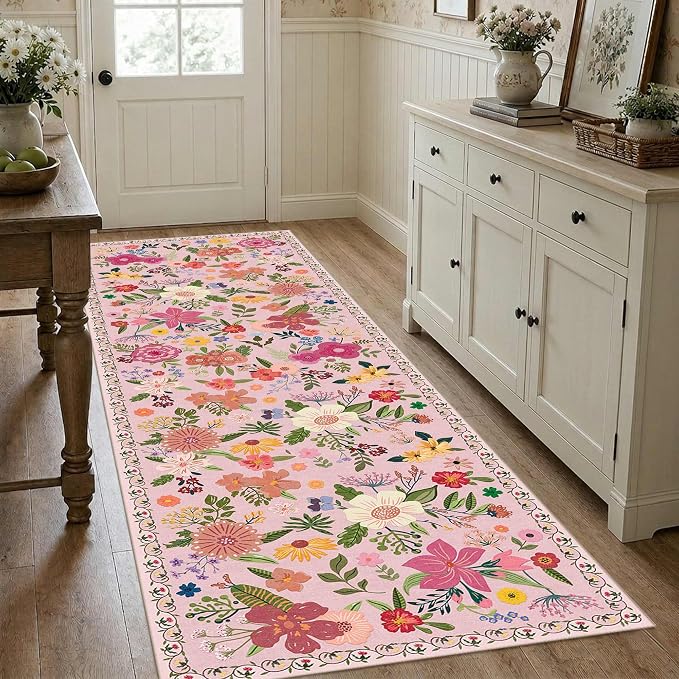 Latte&Fog Pink Washable Hallway Runner Rug 2.6x8 Non Slip Kitchen Rug | Low Pile Soft Cute Throw Rug Doormat for Entrance Bathroom Laundry Bedside Bedroom Nursery Playroom Hallyway Dorm Office