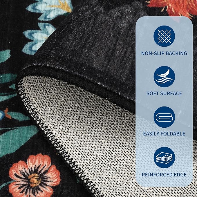GarveeHome Washable Rug 5x7 Area Rugs for Living Room, Floral Rug for Bedroom, Soft Boho Non Slip Throw Rugs with Rubber Back, Low Pile Stain Resistant Vintage Floral Carpet for Dining Room, Black