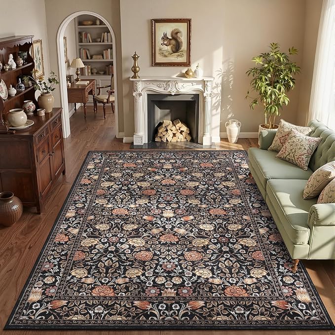 GarveeHome Dark Brown Floral 6x9 Area Rug for Bedroom Living Room | Washable Dinning Room Dorm Office Rug Vintage Boho Rugs Low-Pile Non-Slip Stain Resistant TPE Backing