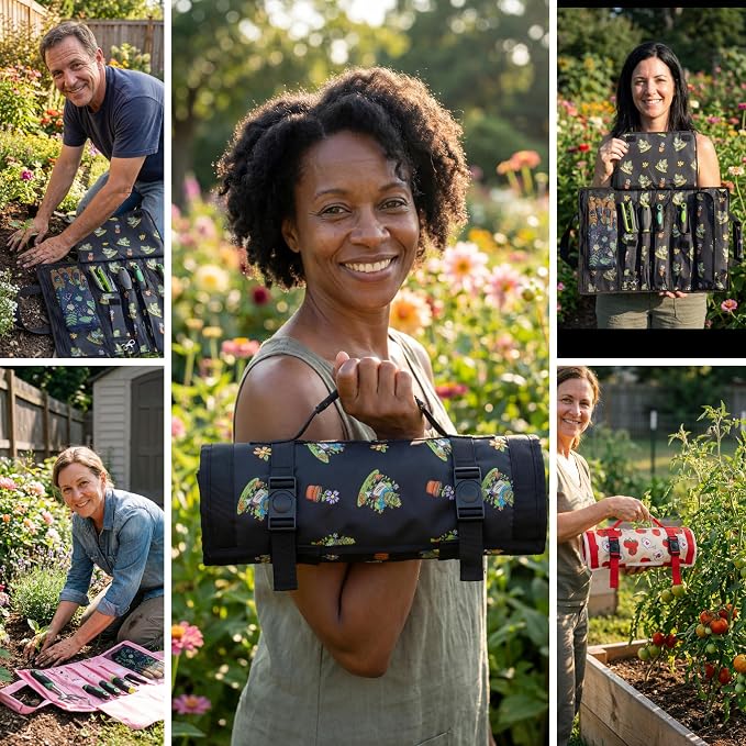 Garden Tool Bag, Roll-Up Garden Tool Holder with Deep Pockets | 900D Polyester Heavy Duty Gardening Tote | Compact Washable Organizer for Tools, Seeds, and Essentials (Tools Not Included)