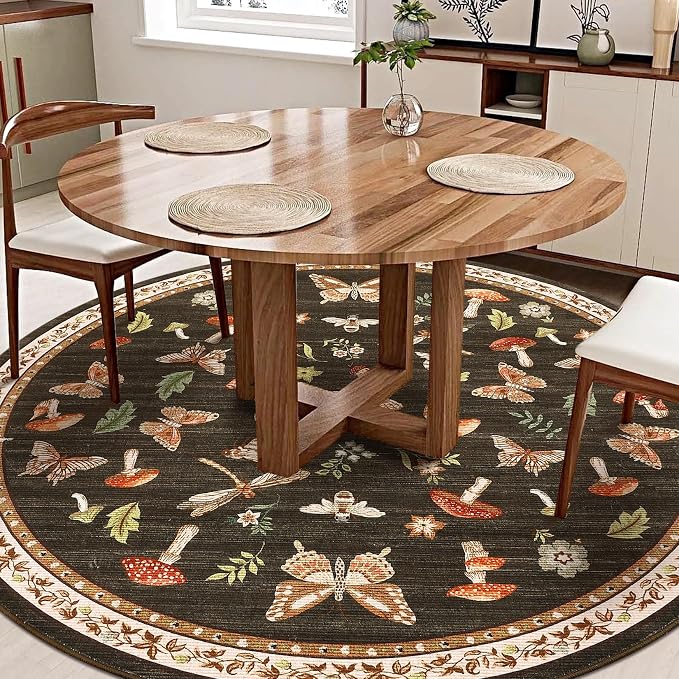 Mushroom Insect 8ft Round Rug Washable Non-Slip Soft Ultra-Thin Large Boho Circle Carpet for Entryway Kitchen Bedroom Nursery Dining Room Brown