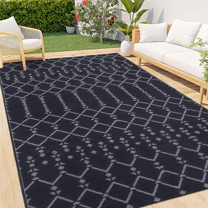 Smiry Outdoor Rug 6x9 ft, Waterproof Reversible Plastic Straw Rugs, Boho Outdoor Area Rug, Outside Floor Mat for Patio, Backyard, Deck, Picnic, Beach, Camping, Dark Grey