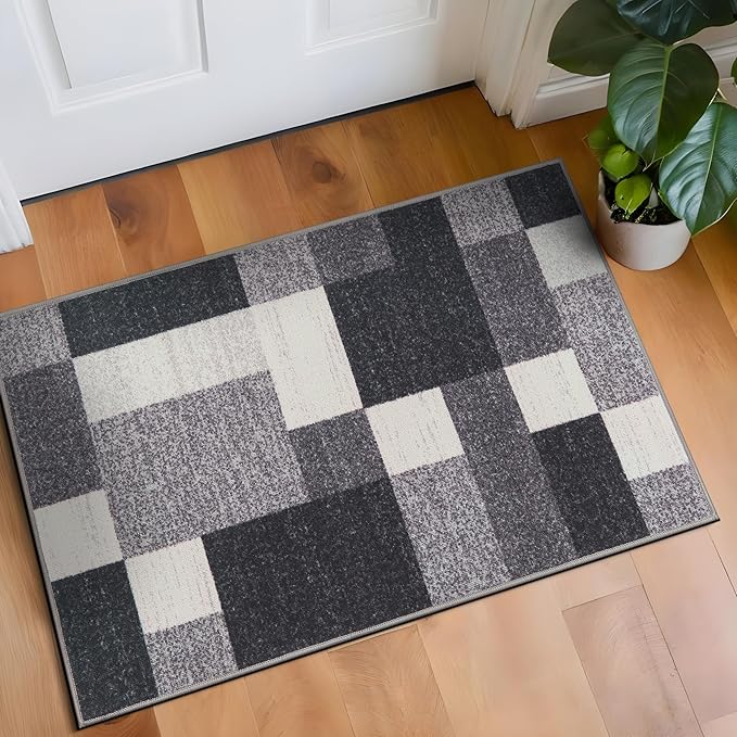 Rugshop Modern Boxes Non-Slip Living Room Bedroom Area Rug Gray 20" x 30" | Rectangular, Dining Room, Home Office, Kitchen, Entryway, Hallway, Nursery, Kids Room, Guest Room, High Traffic Area, Bedside
