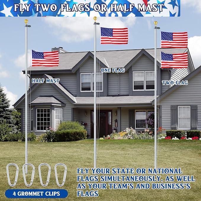 FuWeave Flagpoles for Outside House in Ground 25 ft Sectional Flag Pole Kit Extra Thick 16 Gauge Heavy Duty Aluminum Flag Pole with Gold Ball Top for Residential or Commercial (Silver)