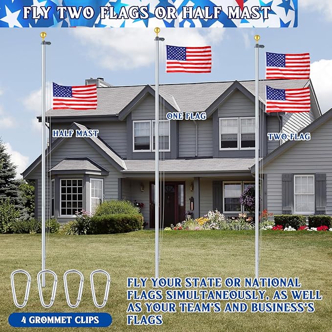 FuWeave Flagpoles for Outside House in Ground 16 ft Sectional Flag Pole Kit Extra Thick 16 Gauge Heavy Duty Aluminum Flag Pole with Gold Ball Top for Residential or Commercial (Silver)