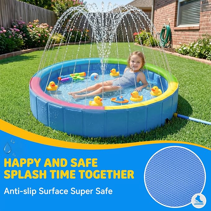 Foldable Dog Pool with Sprinkler, Ideal Splash Pool Swimming Pools | Large 63” Dog Pool, Splash Pad, Hard Plastic, Non Slip, Portable Dog Swimming Pool for Outdoor Backyard