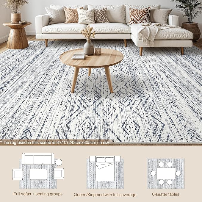 Tortania Area Rug Living Room Rugs- 8x10 Washable Large Soft Neutral Boho Moroccan Bohemian Farmhouse Rug Indoor Floor Carpet for Bedroom Under Dining Table Home Office Decor - Dark Blue