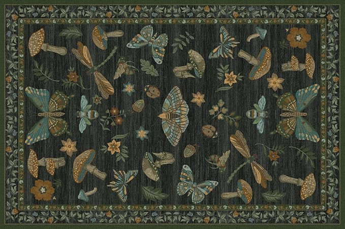 ROYHOME Mushroom Insect Washable 2x3 Rug for Entryway Door Mat Dark Green | Kitchen Bathroom Bedroom Small Bug Moth Cute Funky Cottage Core Whimsical Boy Rugs Low-Pile Non-Slip TPE Backing