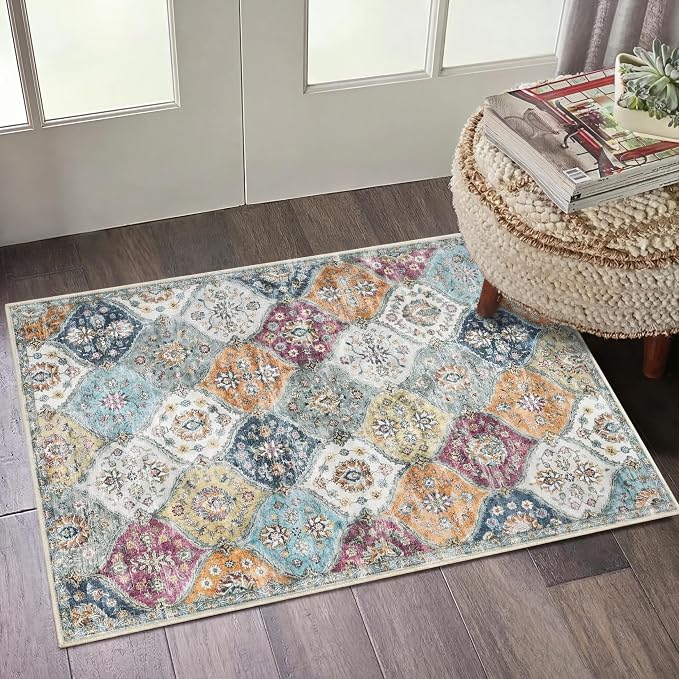 ROYHOME Washable Area Rug Moroccan Trellis Entryway Rug Doormat, 2' x 3' | Stain Resistant Non-Slip Accent Rug Vintage Medallion Distressed Floor Carpet for Front Entrance Kitchen, Purple/Grey