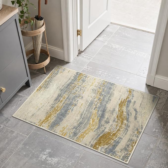 BEIMO 2x3 Washable Doormat Rug for Entryway, Wave Abstract Golden Beige | Soft Machine Washable Modern Area Rug,Streaks Pattern Non Slip Indoor Small Carpet for Entrance,Bathroom, Bedroom