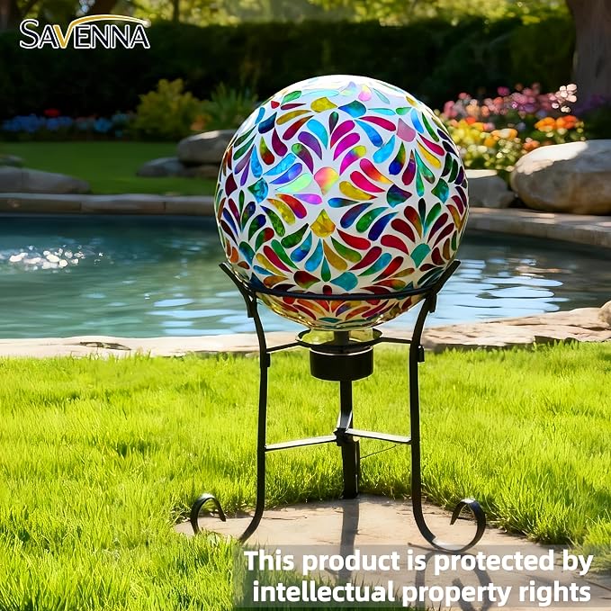 SAVENNA Mosaic Garden Gazing Ball, 8 Inch Fade-Resistant Glass Decorative Sphere for Garden, Yard & Patio, All-Season Outdoor Garden Decor Accent, Multicolor Petal Pattern