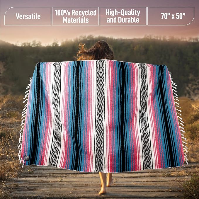 Hydration Nation Authentic Large Handwoven Mexican Striped Throw Blanket - Soft, Durable, Eco-Friendly - 70"x50" - Cotton Candy