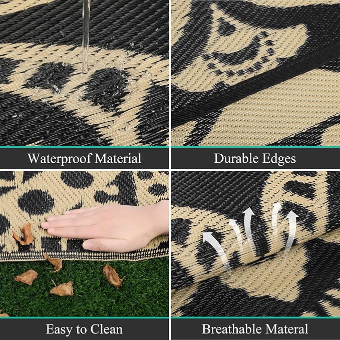 Bsmathom Waterproof Outdoor Rug 8'x10' Reversible Boho Plastic Straw Patio Deck Camping Rugs, Indoor Outdoor Portable RV Mat Clearance Carpet for Outside, Porch, Balcony, Backyard, Flower Black Gold