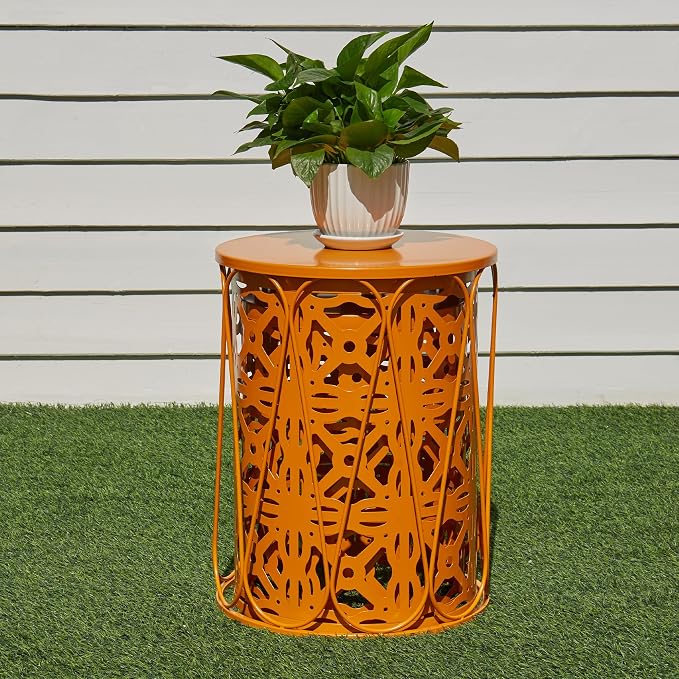 Y&M Outdoor Side Tables Set of 3, Round Metal Stacking Patio Side Tables, Indoor & Outdoor End Tables, Decorative Garden Stool Plant Stand for Patio, Garden, Balcony, Porch, Orange