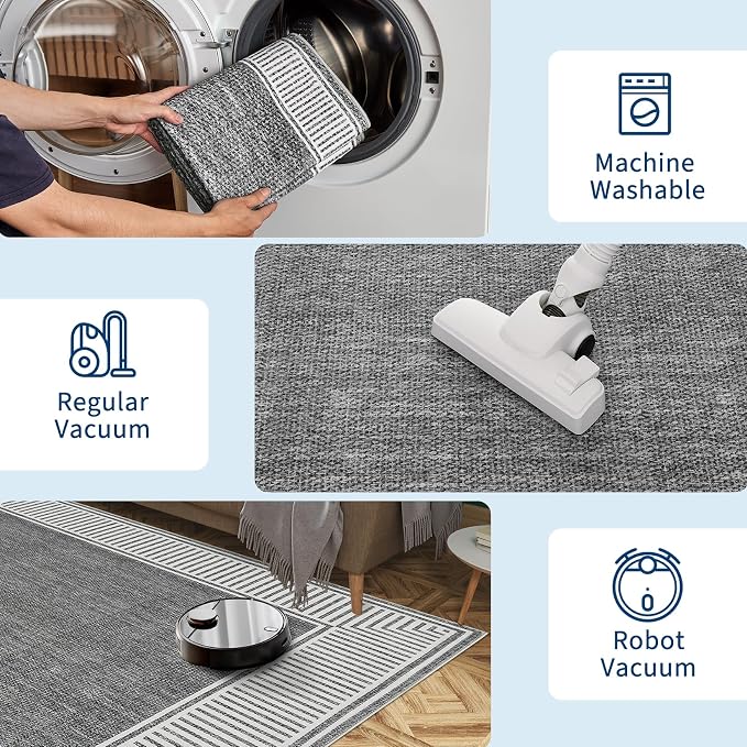 GarveeHome Hallway Runner Rug 2x10 Washable Non Slip Kitchen Runner Carpets | Stain Resistant Modern Bordered Grey Rugs for Bathroom Living Room Bedroom, Grey