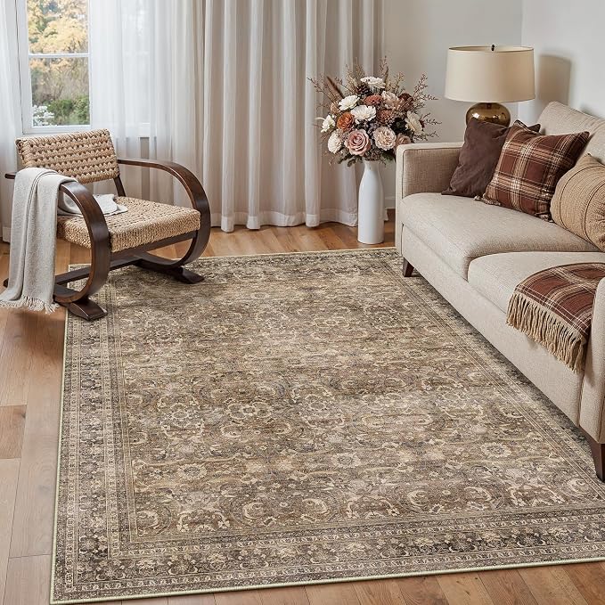 3x5 Brown Vintage Distressed Washable Area Rug for Entryway | Low Pile, Non Slip, Retro Style, Soft Distressed Indoor Rug for Entryway, Kitchen, Bathroom, Door Mat, Home Decor