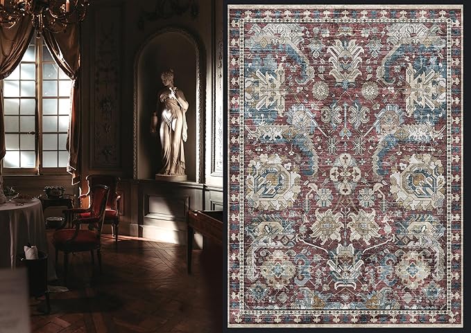 Washable Area Rugs - Perfect for Living Room, Bedroom, Kids Room, Nursery - Stain & Water Resistant Non-Slip, Pet & Child Friendly, Vintage Tribal Area Rugs (Rust and Blue, 8' x 10')